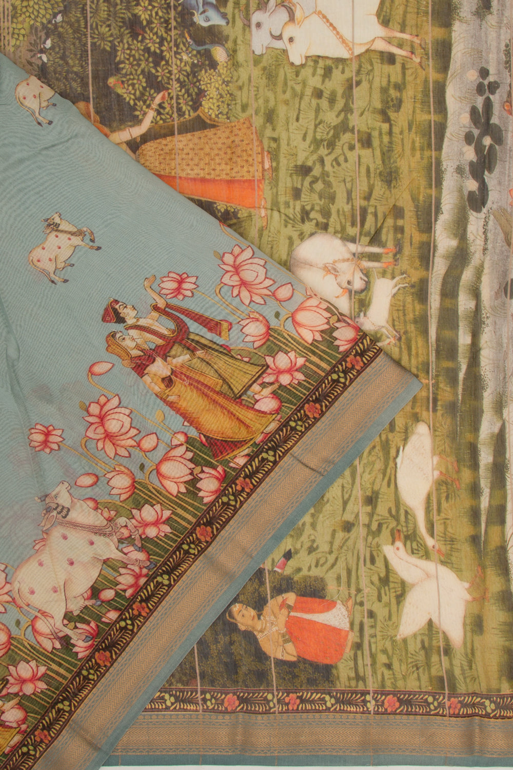 Chanderi Silk Pichwai Printed Blue Saree