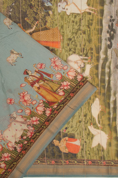 Chanderi Silk Pichwai Printed Blue Saree