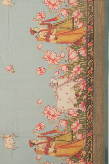 Chanderi Silk Pichwai Printed Blue Saree