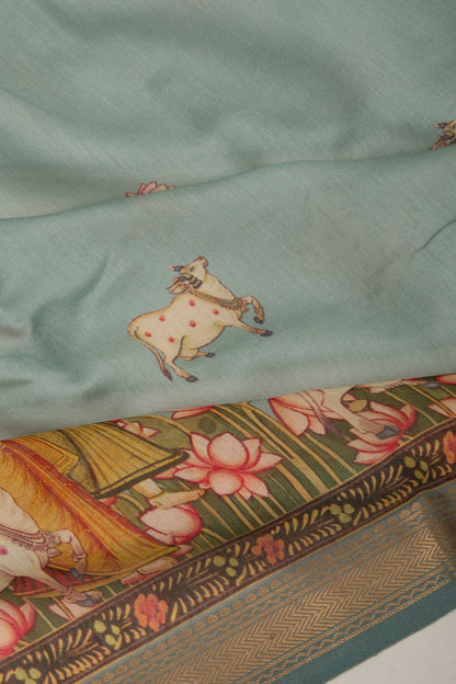 Chanderi Silk Pichwai Printed Blue Saree