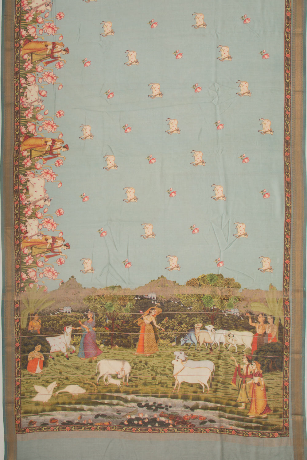 Chanderi Silk Pichwai Printed Blue Saree