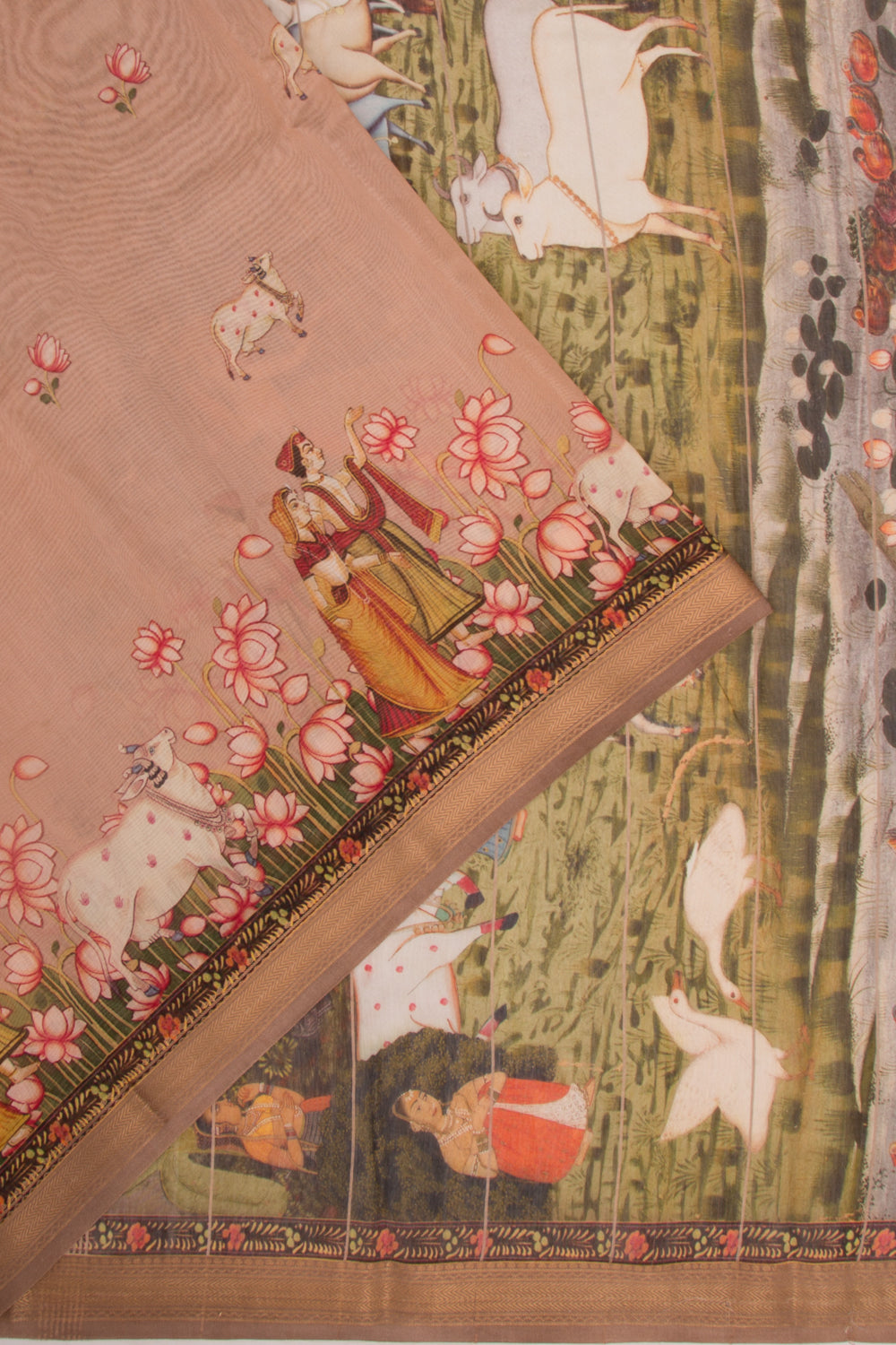 Chanderi Silk Pichwai Printed Peach Saree