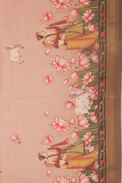 Chanderi Silk Pichwai Printed Peach Saree