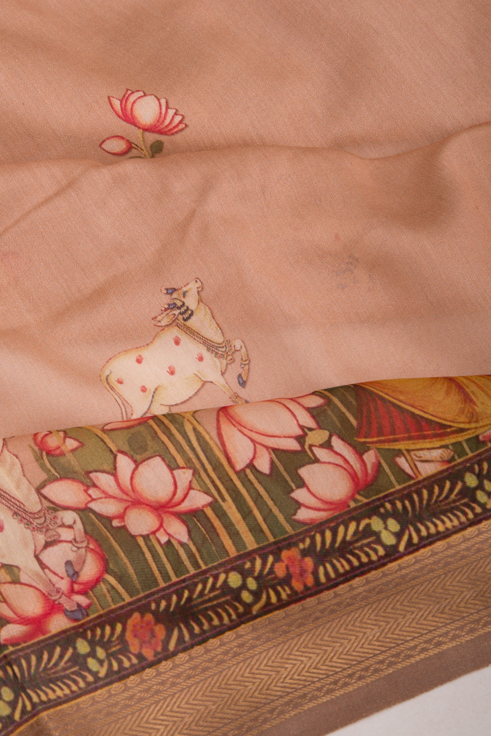 Chanderi Silk Pichwai Printed Peach Saree