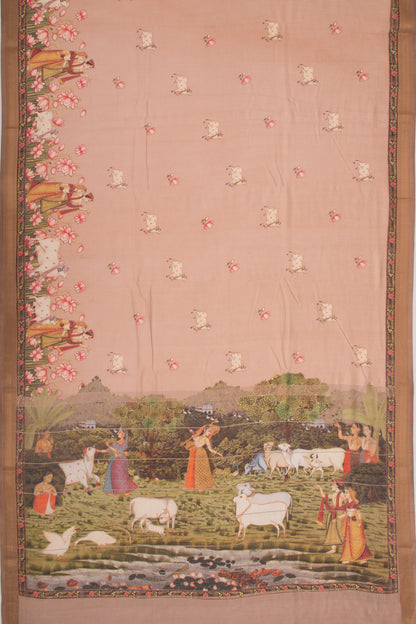 Chanderi Silk Pichwai Printed Peach Saree