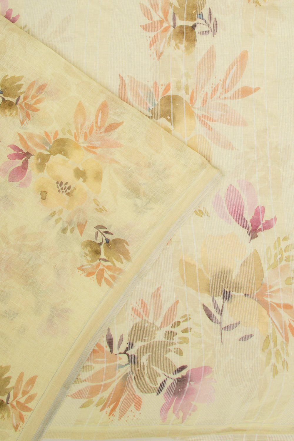 Linen Floral Printed Lemon Yellow Saree