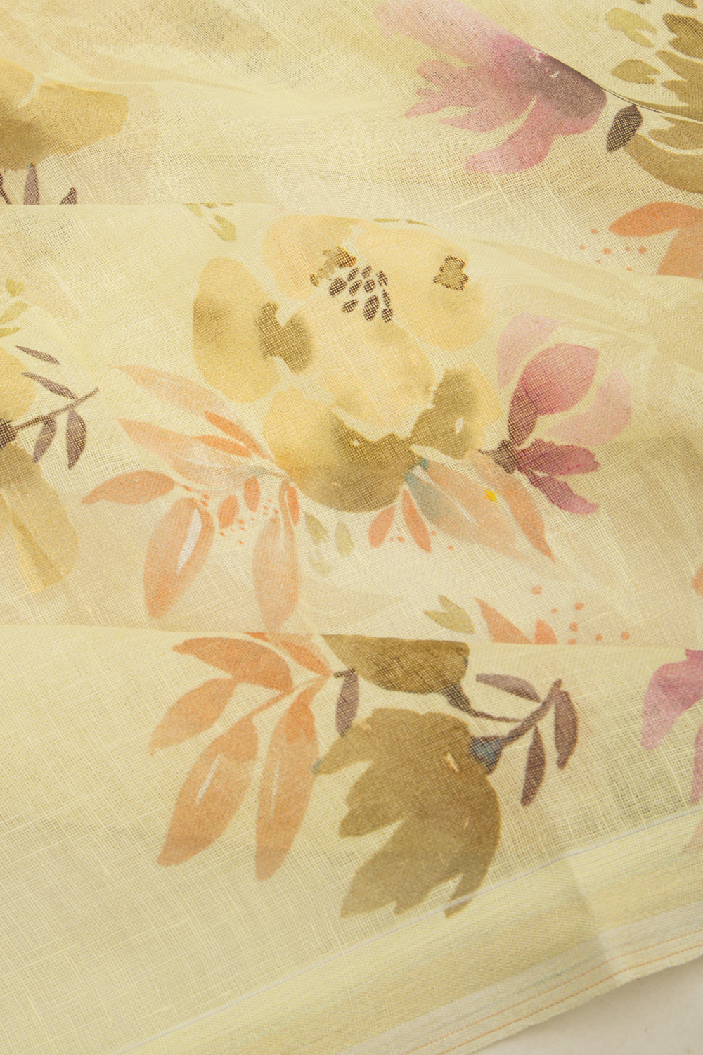 Linen Floral Printed Lemon Yellow Saree