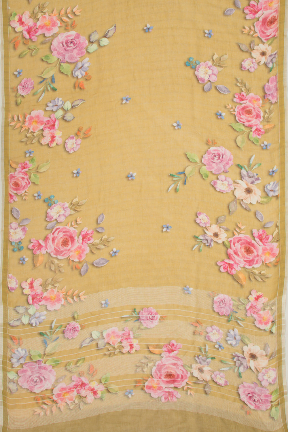 Linen Floral Printed Yellow Saree