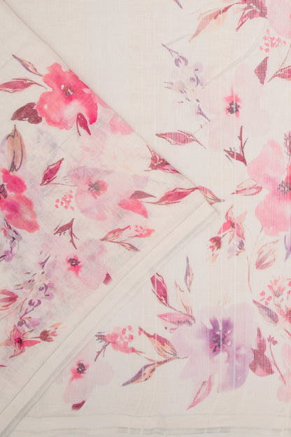 Linen Floral Printed White Saree