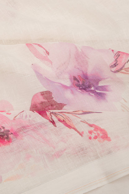 Linen Floral Printed White Saree