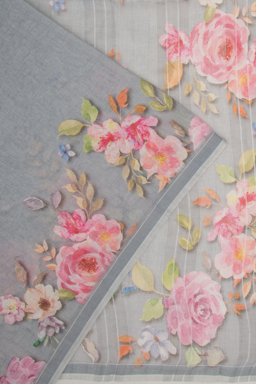 Linen Floral Printed Grey Saree
