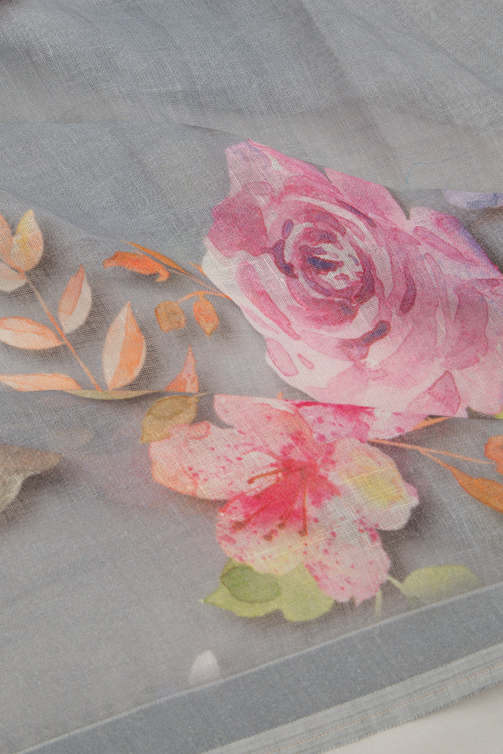 Linen Floral Printed Grey Saree