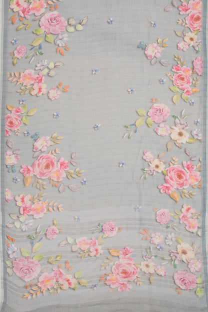 Linen Floral Printed Grey Saree