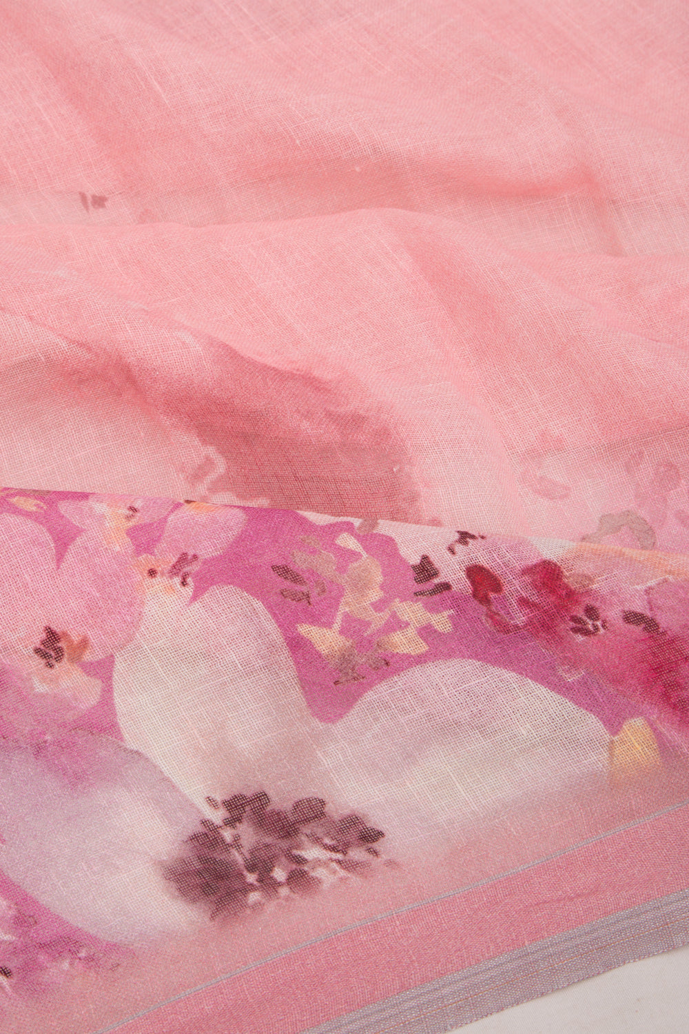 Linen Floral Printed Baby Pink Saree