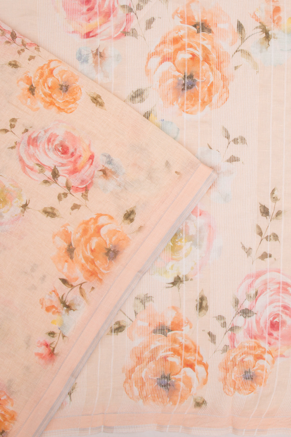 Linen Floral Printed Pastel Orange Saree