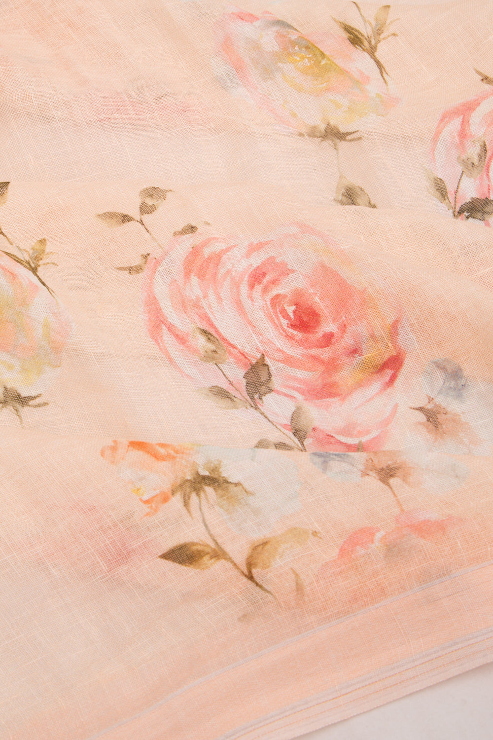 Linen Floral Printed Pastel Orange Saree