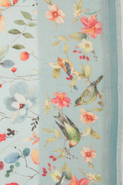 Linen Floral Printed Blue Saree