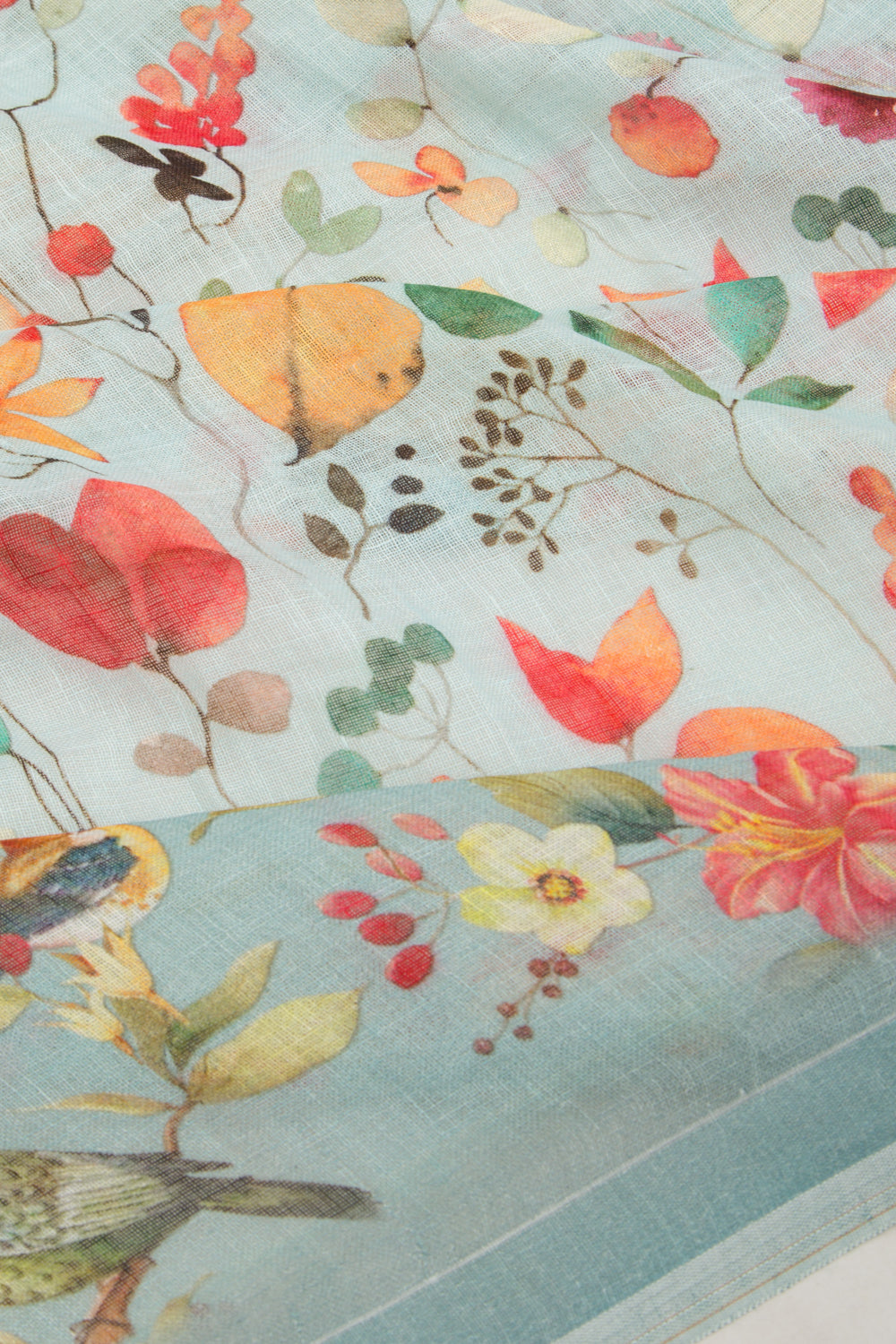 Linen Floral Printed Blue Saree