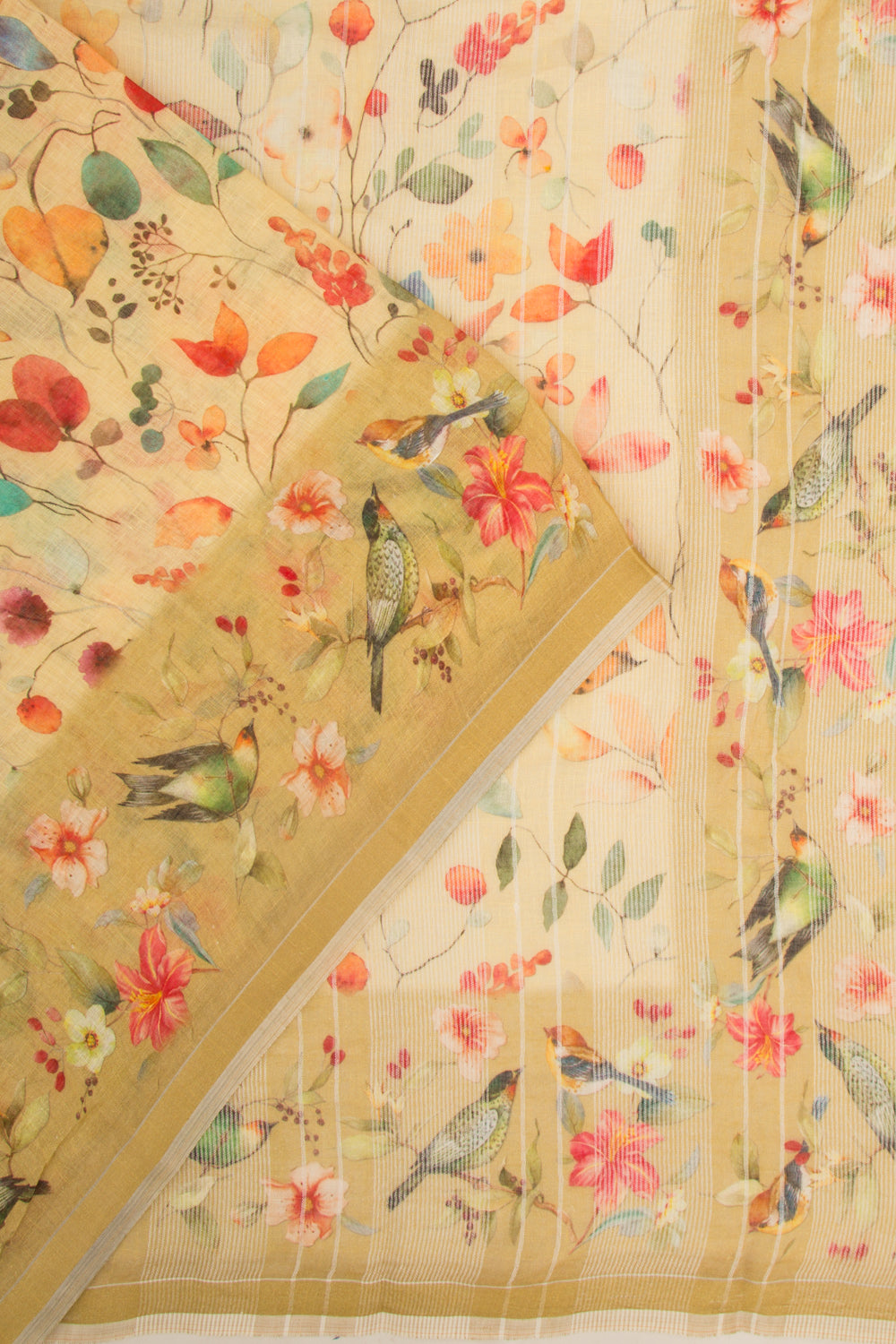 Linen Floral Printed Yellow Saree