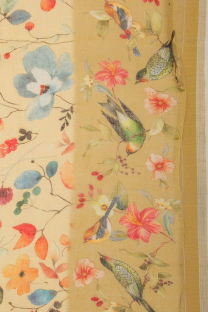 Linen Floral Printed Yellow Saree