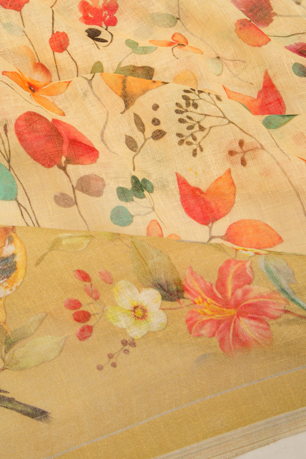 Linen Floral Printed Yellow Saree