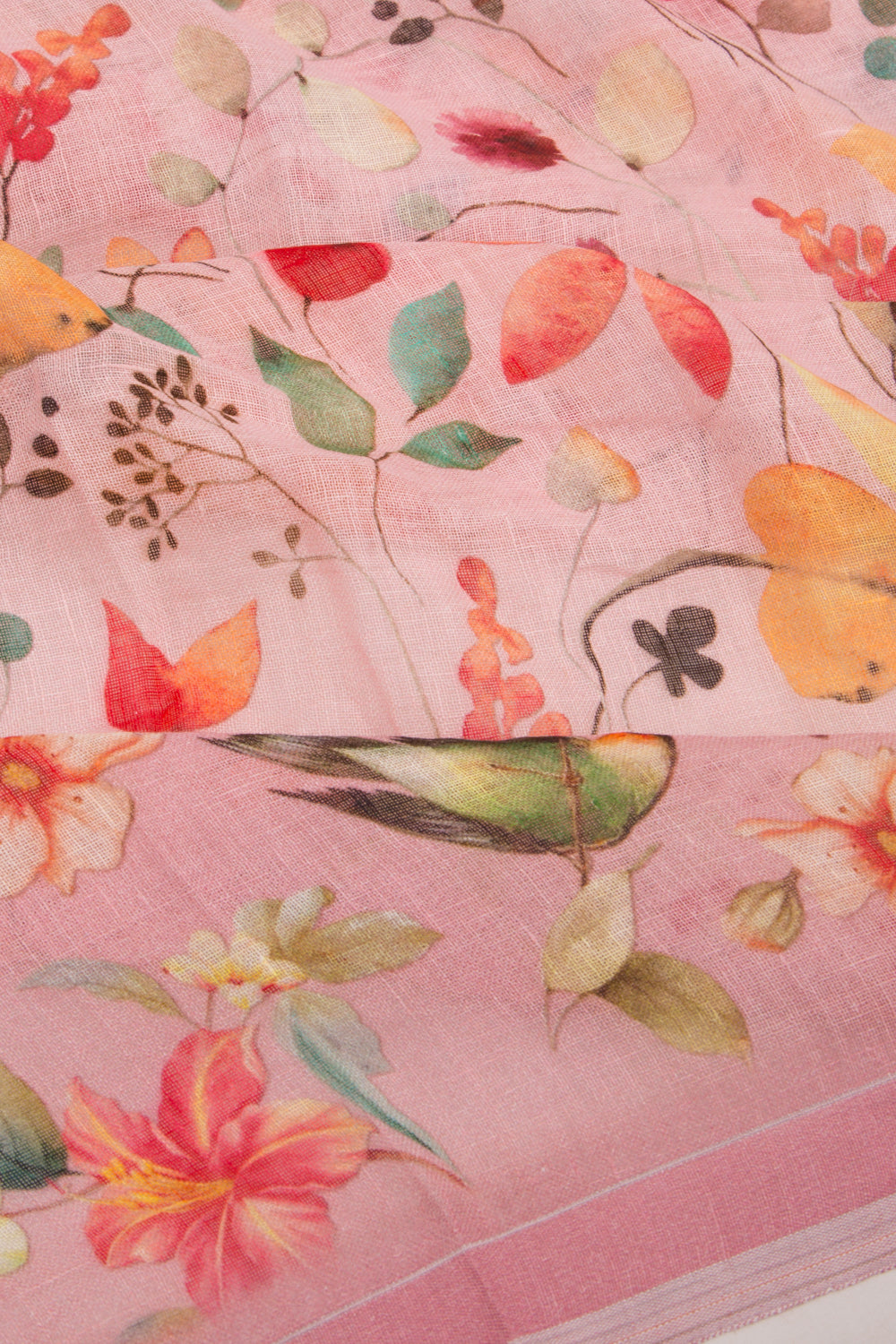 Linen Floral Printed Baby Pink Saree