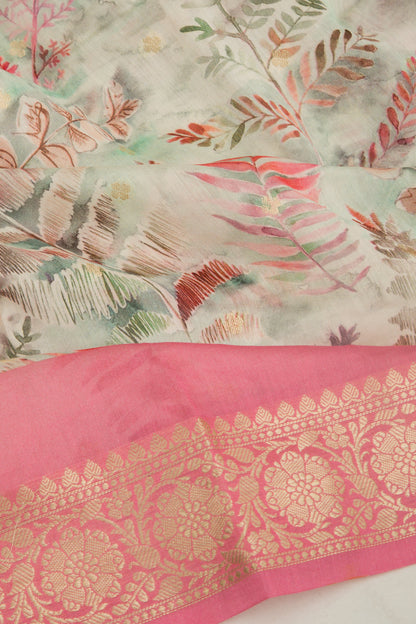 Chanderi Silk Floral Printed And Butta White Saree