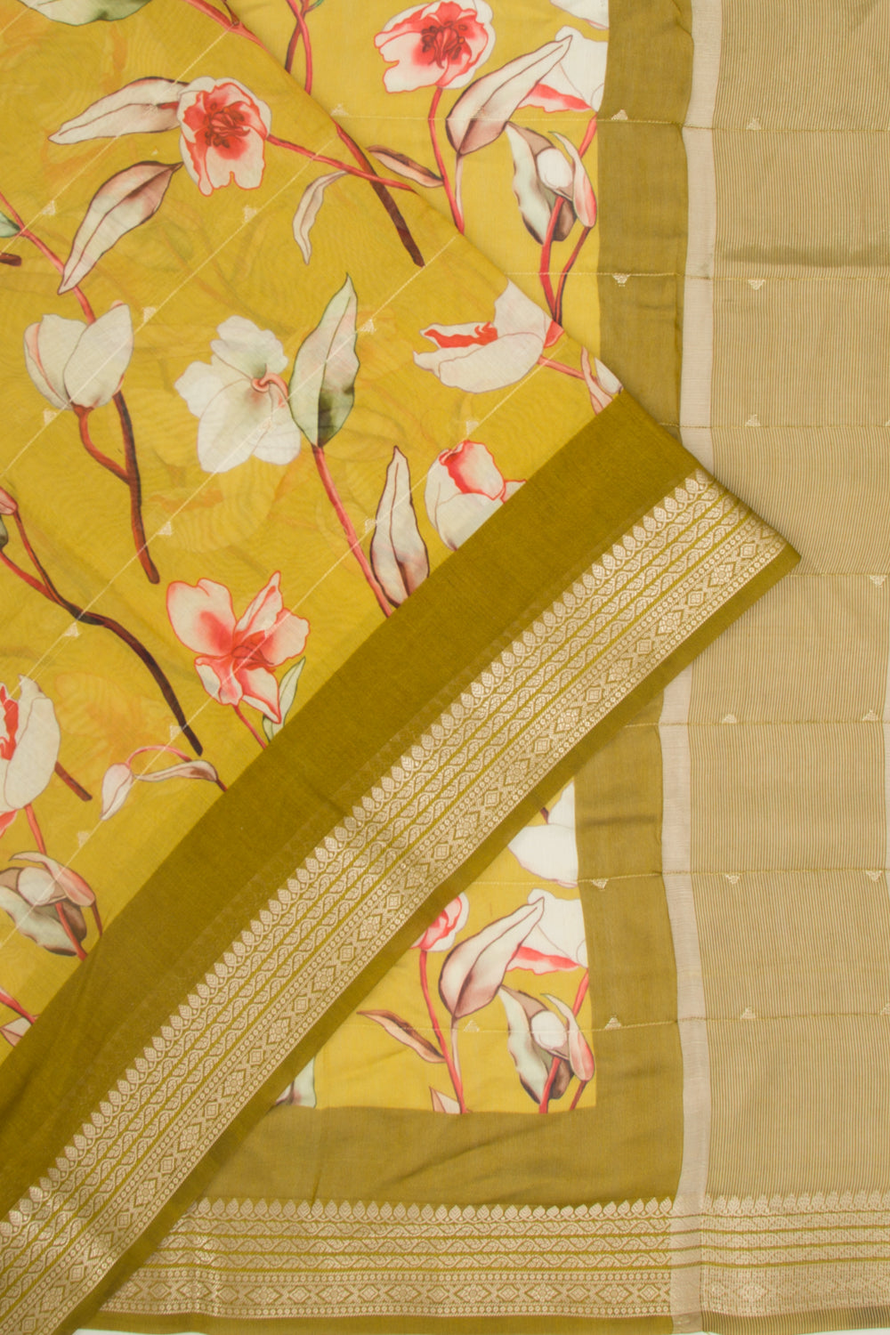 Chanderi Silk Floral Printed And Lines Mehendi Green Saree