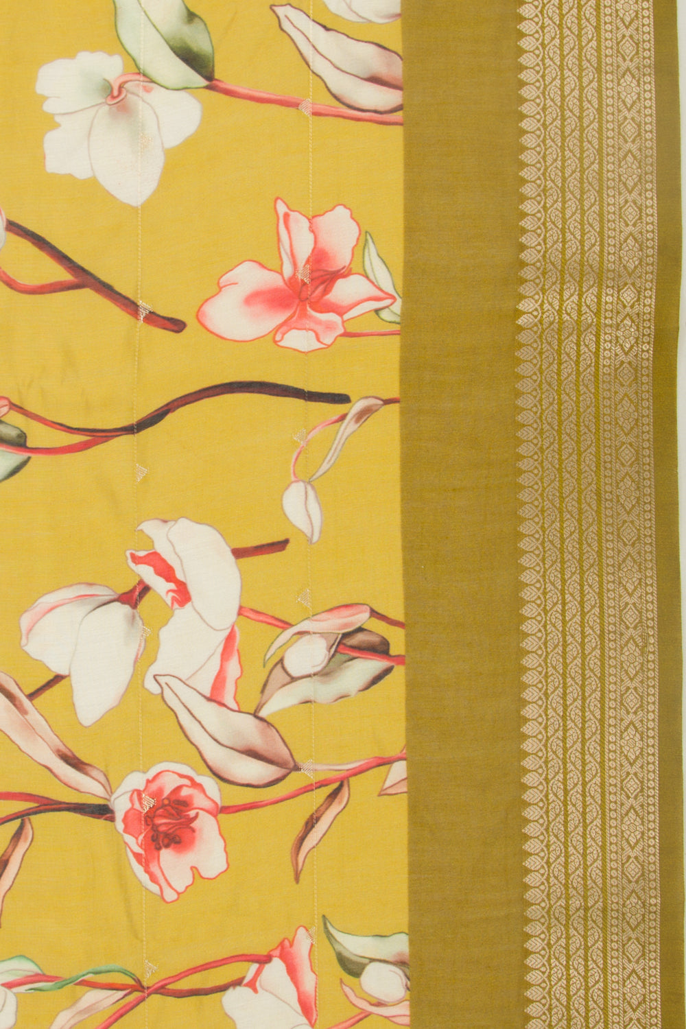 Chanderi Silk Floral Printed And Lines Mehendi Green Saree