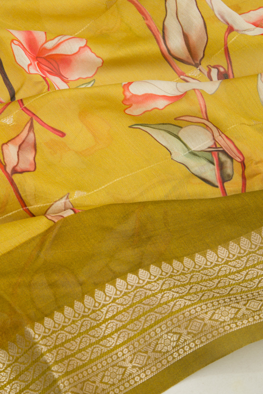 Chanderi Silk Floral Printed And Lines Mehendi Green Saree