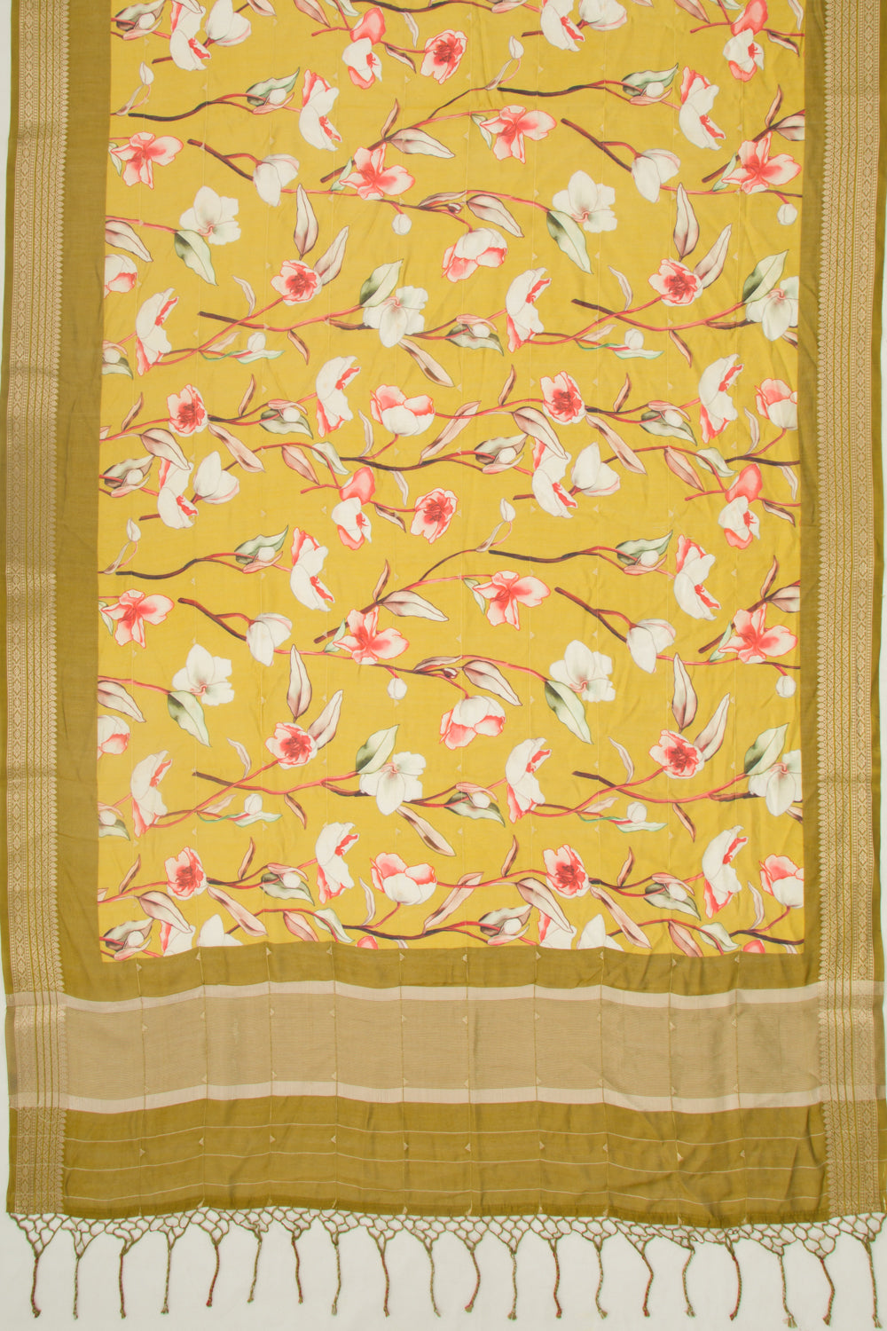 Chanderi Silk Floral Printed And Lines Mehendi Green Saree