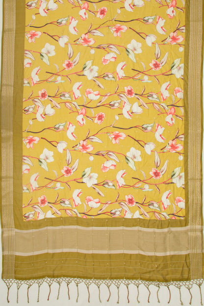 Chanderi Silk Floral Printed And Lines Mehendi Green Saree