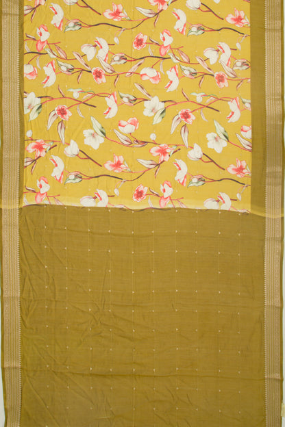 Chanderi Silk Floral Printed And Lines Mehendi Green Saree