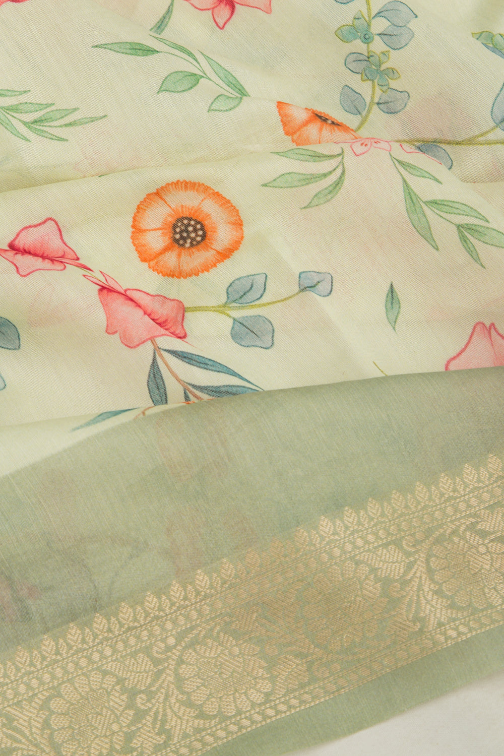 Chanderi Silk Floral Printed Pastel Green Saree