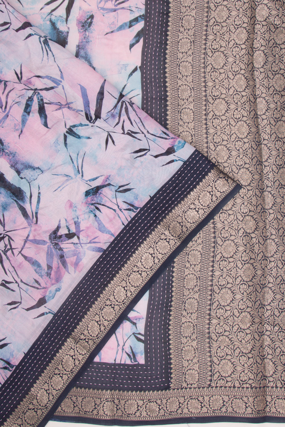 Chanderi Silk Floral Printed Pink And Blue Saree