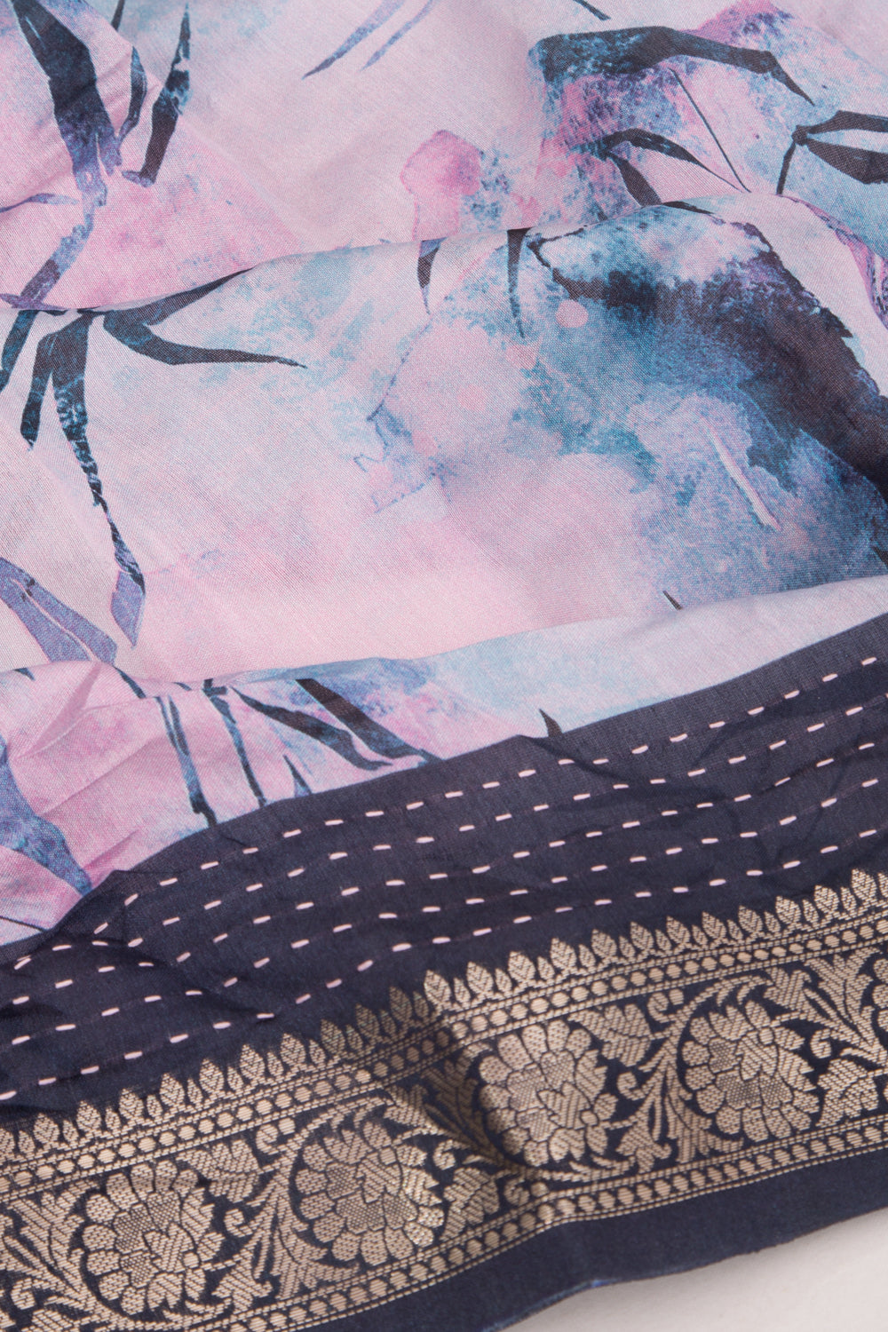 Chanderi Silk Floral Printed Pink And Blue Saree