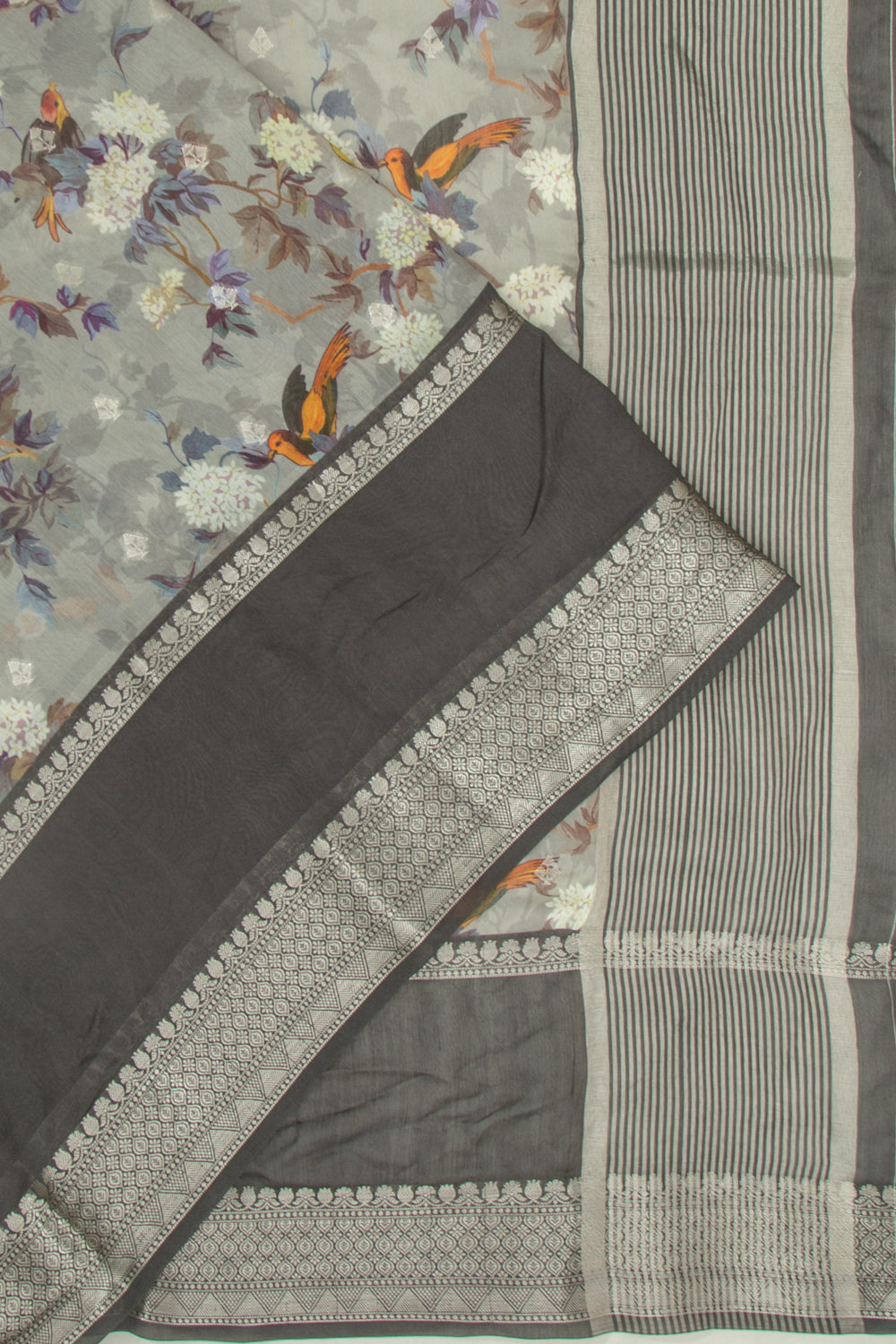 Chanderi Silk Floral Printed And Butta Grey Saree