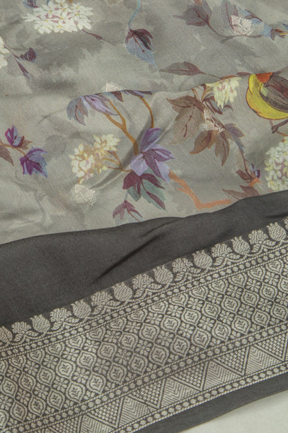 Chanderi Silk Floral Printed And Butta Grey Saree