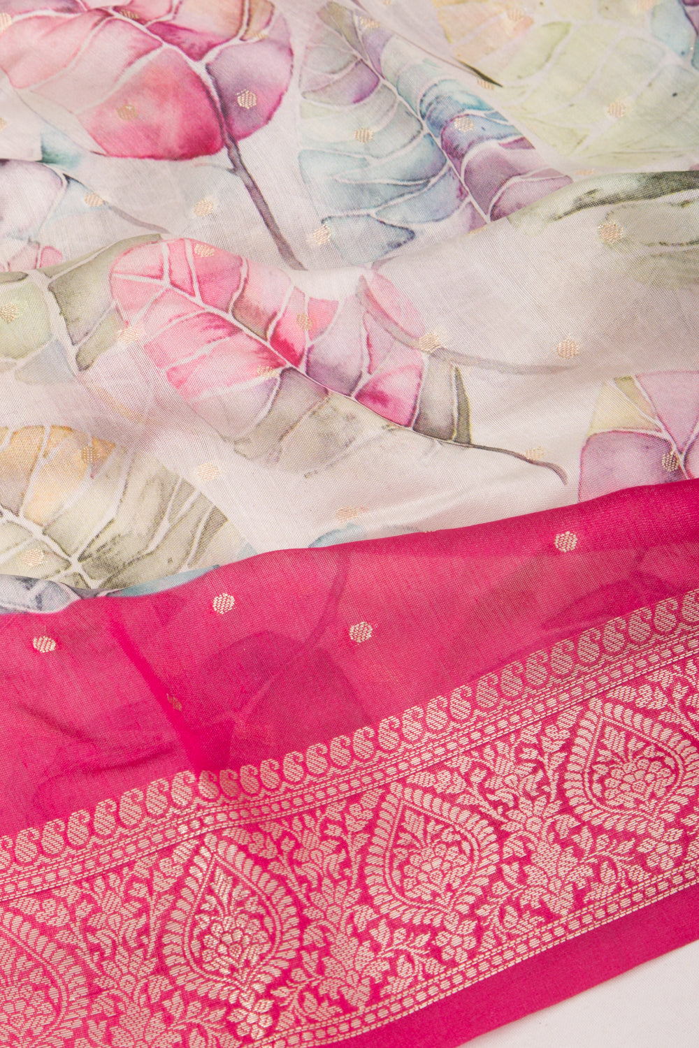 Chanderi Silk Floral Printed And Butta White Saree