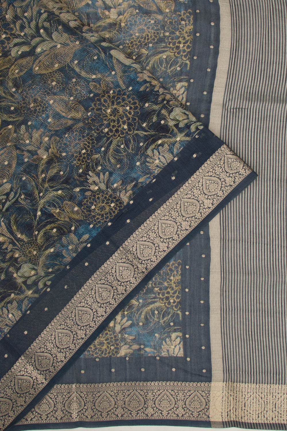 Chanderi Silk Floral Printed And Butta Dark Blue Saree