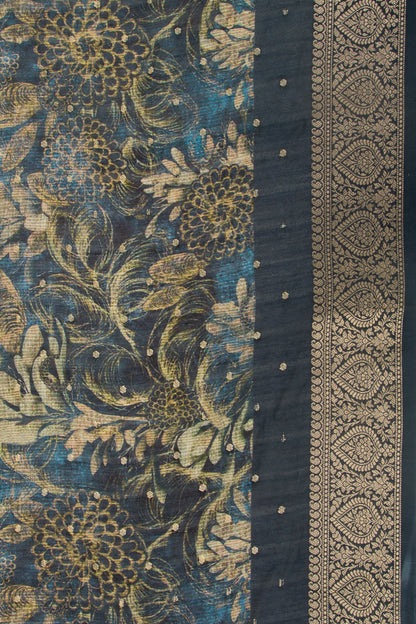 Chanderi Silk Floral Printed And Butta Dark Blue Saree