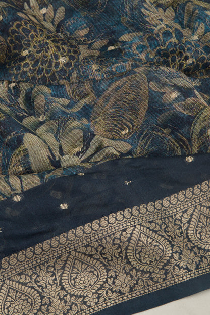 Chanderi Silk Floral Printed And Butta Dark Blue Saree