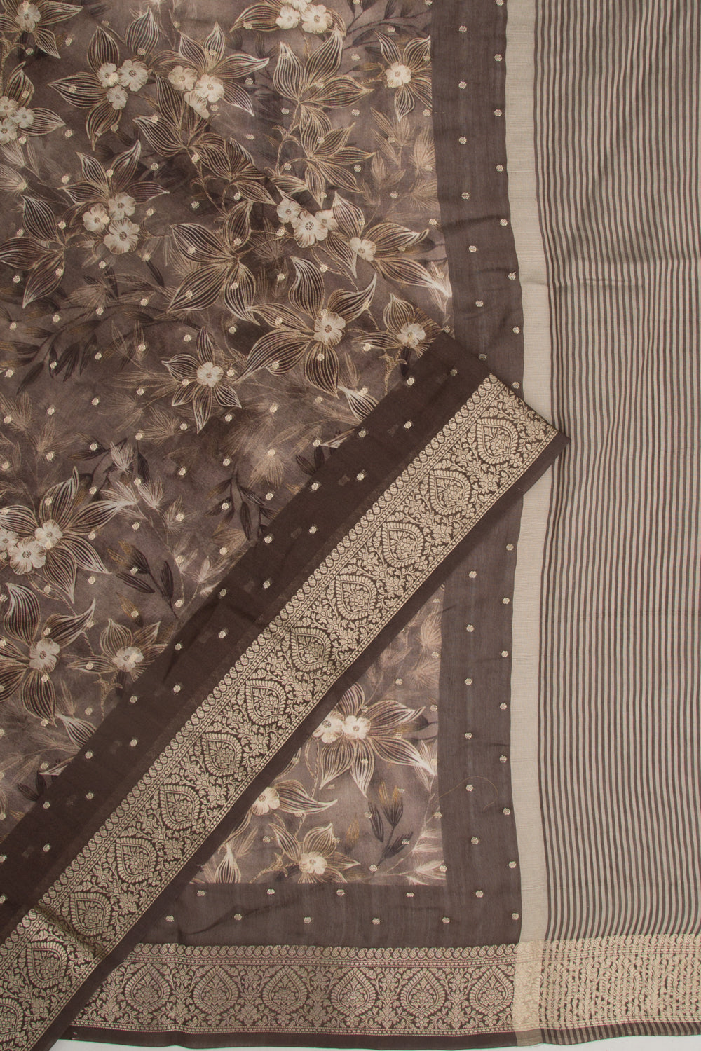 Chanderi Silk Floral Printed And Butta Brown Saree