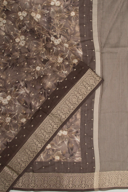 Chanderi Silk Floral Printed And Butta Brown Saree