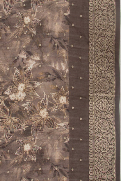 Chanderi Silk Floral Printed And Butta Brown Saree
