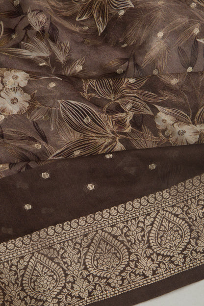 Chanderi Silk Floral Printed And Butta Brown Saree