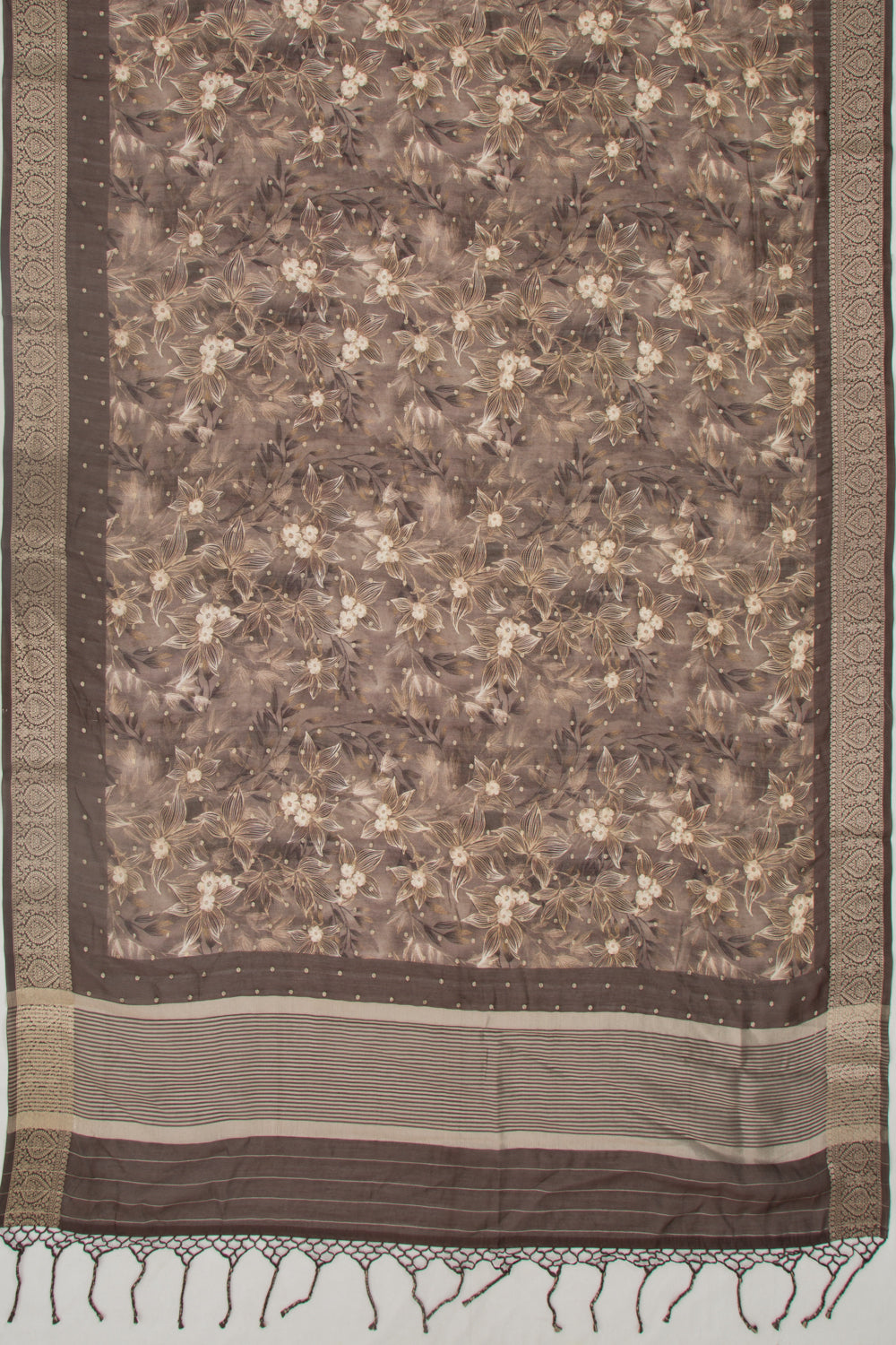 Chanderi Silk Floral Printed And Butta Brown Saree