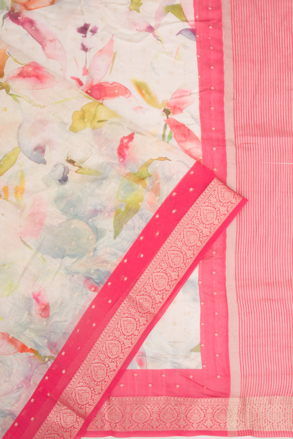 Chanderi Silk Floral Printed And Butta White Saree