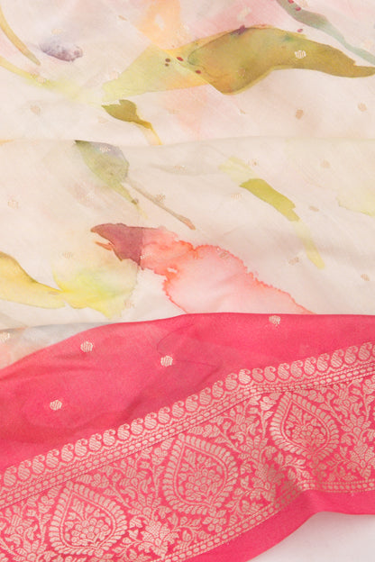 Chanderi Silk Floral Printed And Butta White Saree