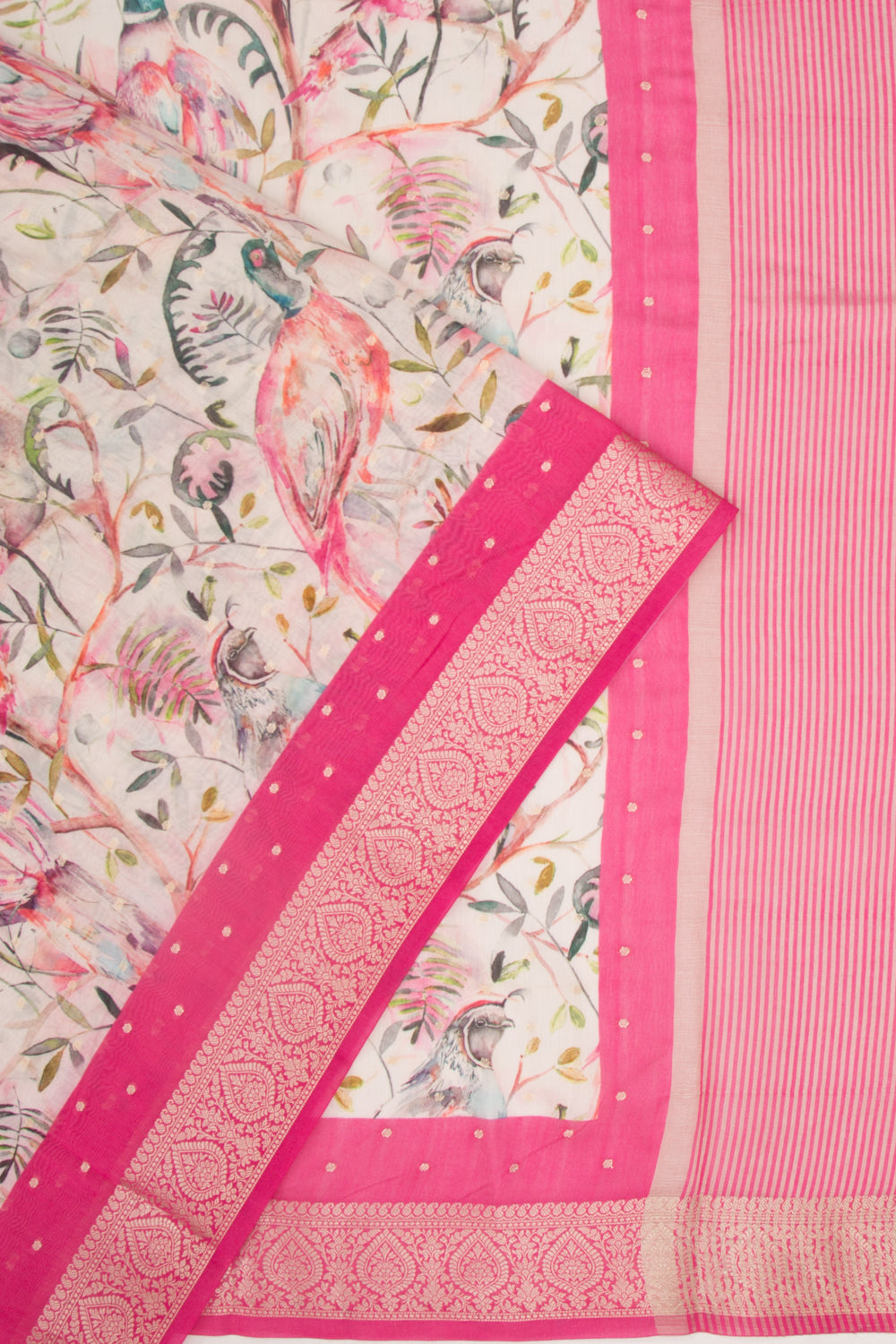 Chanderi Silk Floral Printed And Butta White Saree